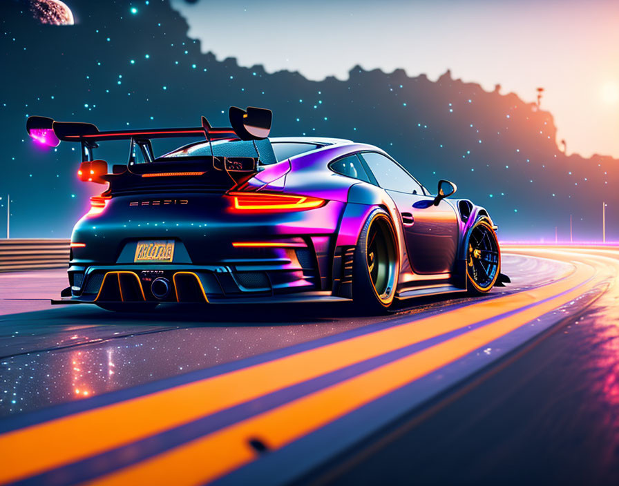 Sporty Porsche 911 with neon details on futuristic racetrack at sunset