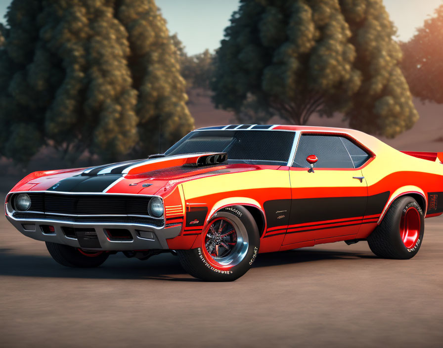 Classic Red and Black Muscle Car with Racing Stripes in Serene Dusk Setting