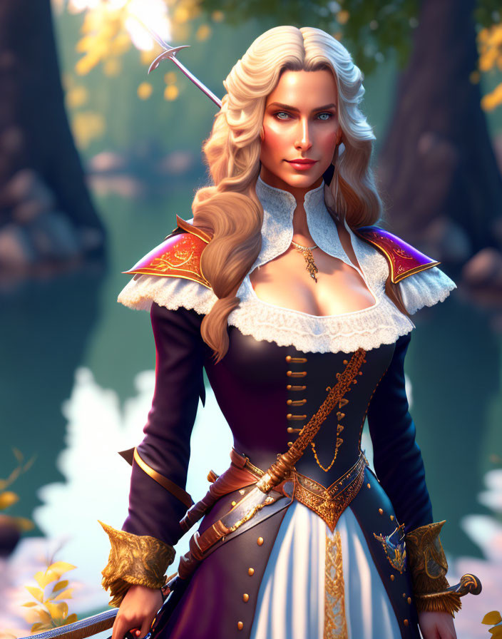 Female elf in Renaissance gown and armor in sunlit forest