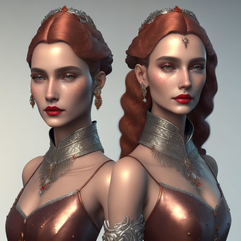 Twin women digital art: red hair, silver tiaras, ornate dresses