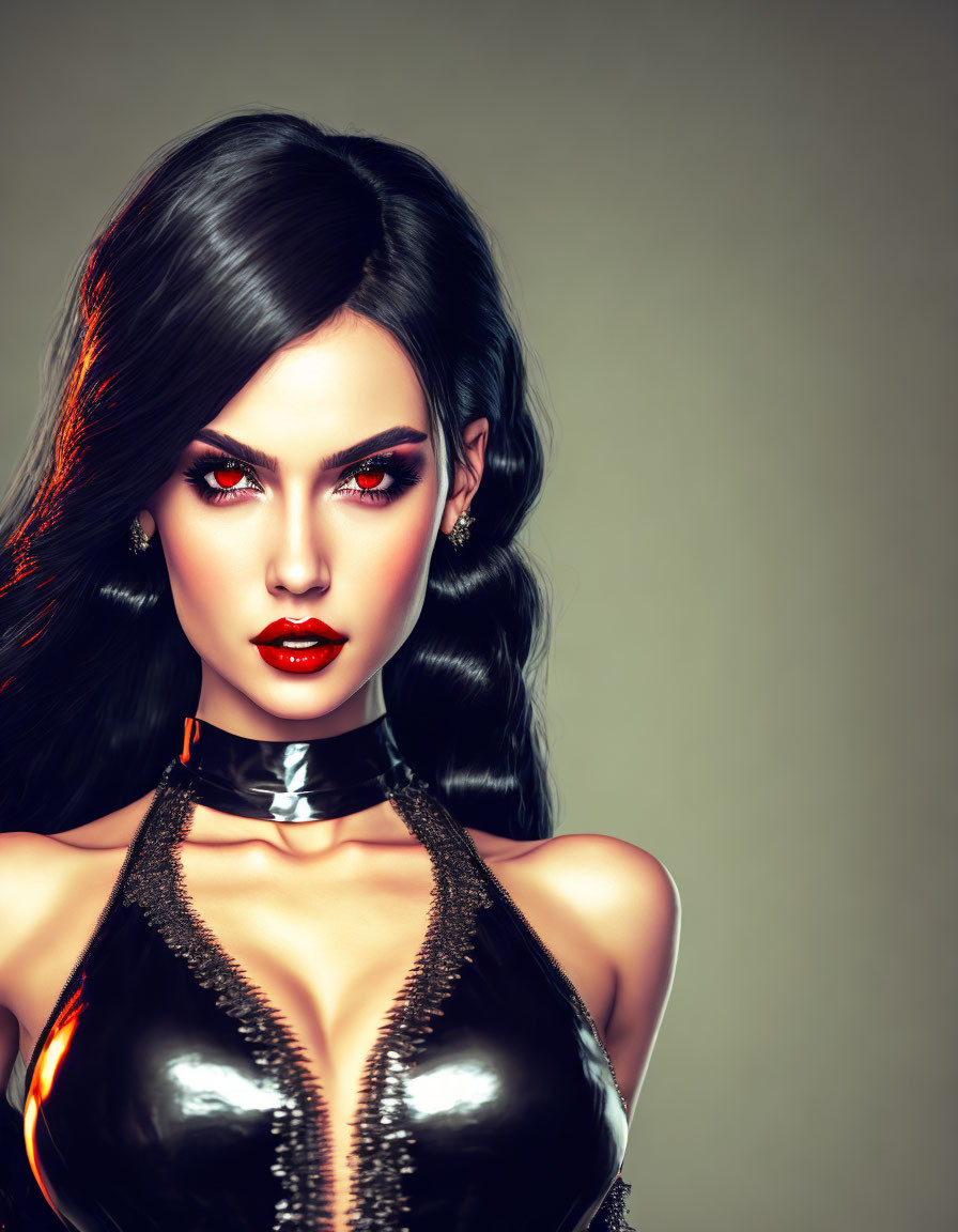 Digital Art: Woman with Red Glowing Eyes in Black Outfit