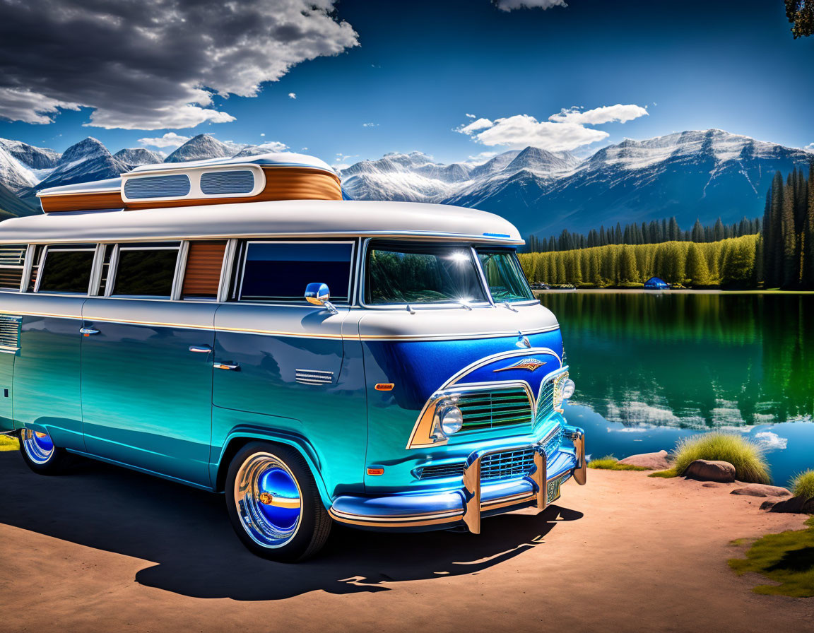 Blue and White Camper Van by Tranquil Lake and Mountains