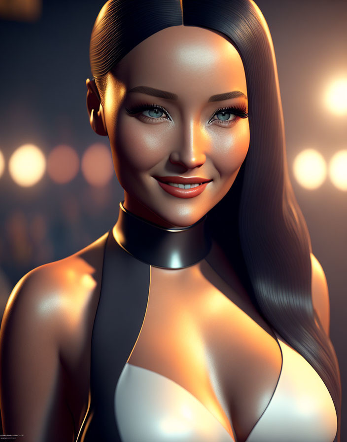 Smiling woman with sleek hair in black and white outfit - 3D rendering