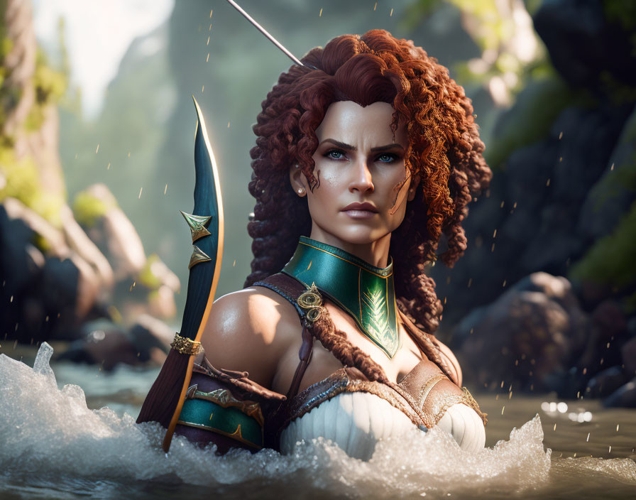 Warrior with Curly Red Hair in Armor Holding Spear in Water