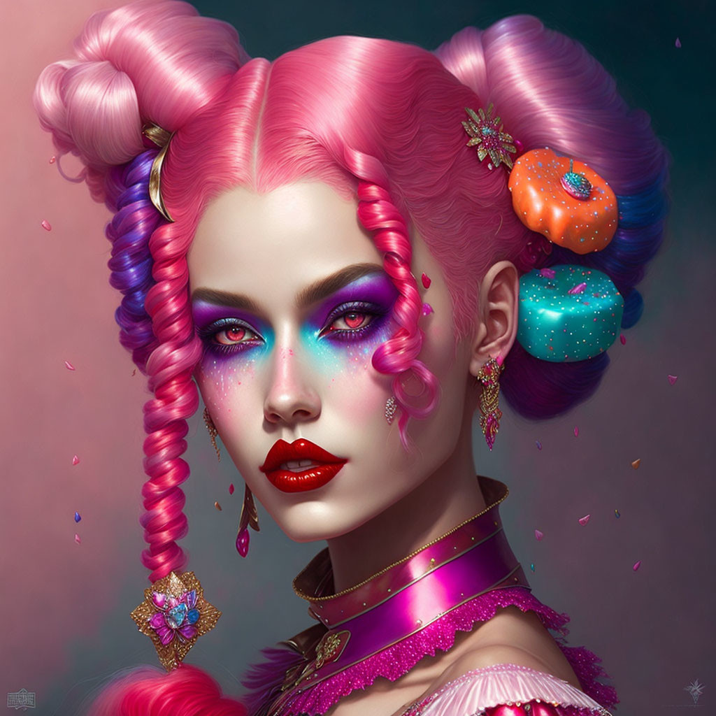 Illustrated woman with pink hair and candy-themed jewelry on soft background