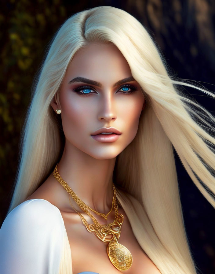 Blonde Woman Portrait with Blue Eyes and Gold Jewelry