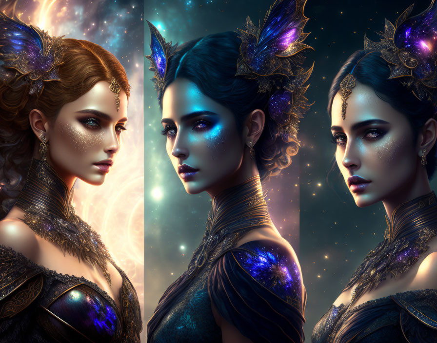 Fantasy woman portraits with ornate headpieces and cosmic backgrounds in warm to cool tones