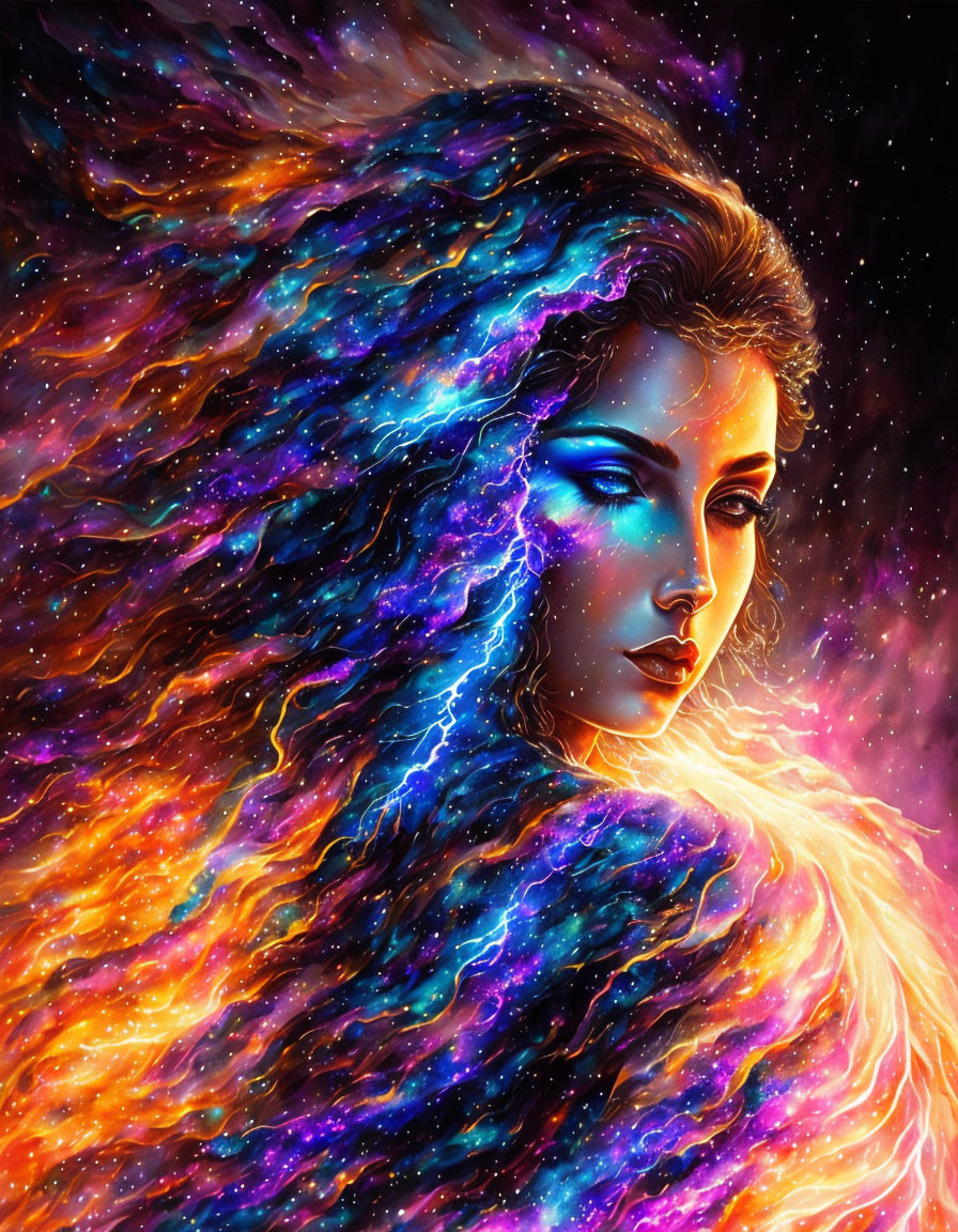 Colorful cosmic portrait of a woman merging with starry nebula