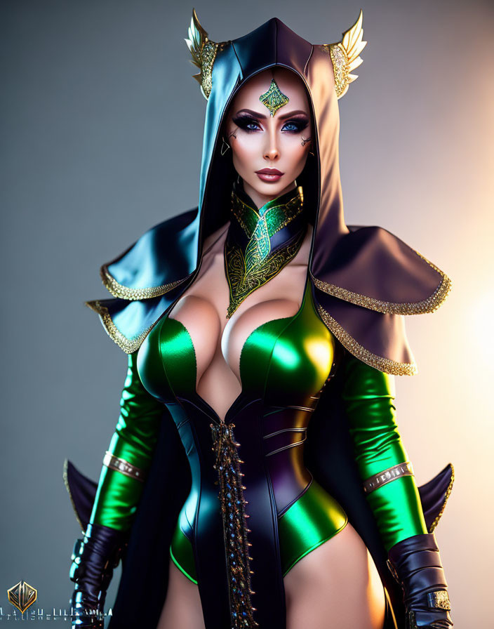 Fantasy-style costume with hood, metallic gold embellishments, vibrant green and black color scheme, bold