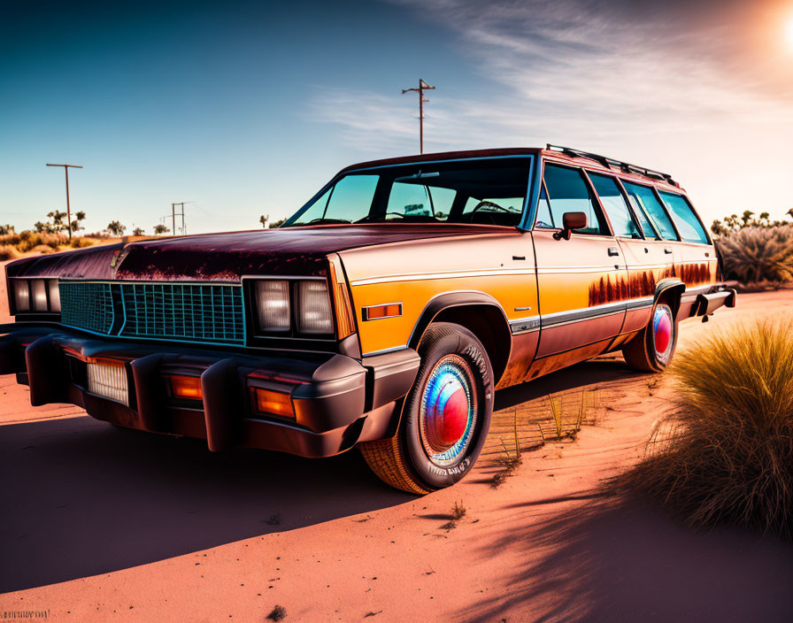 Classic station wagon in desert sunset scene