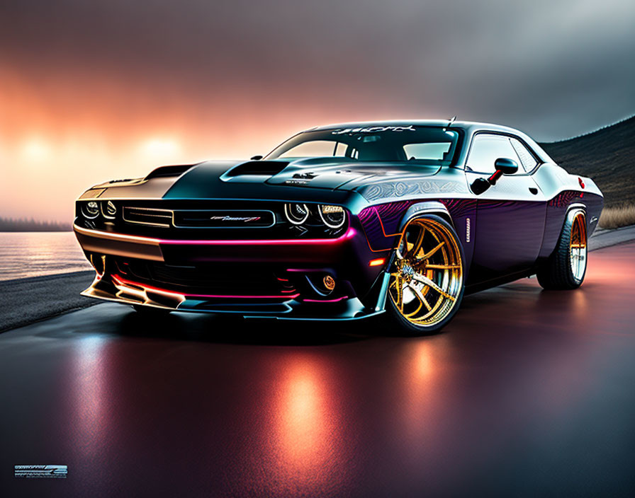 Custom Purple and Black Dodge Challenger with Neon Underglow on Open Road at Twilight