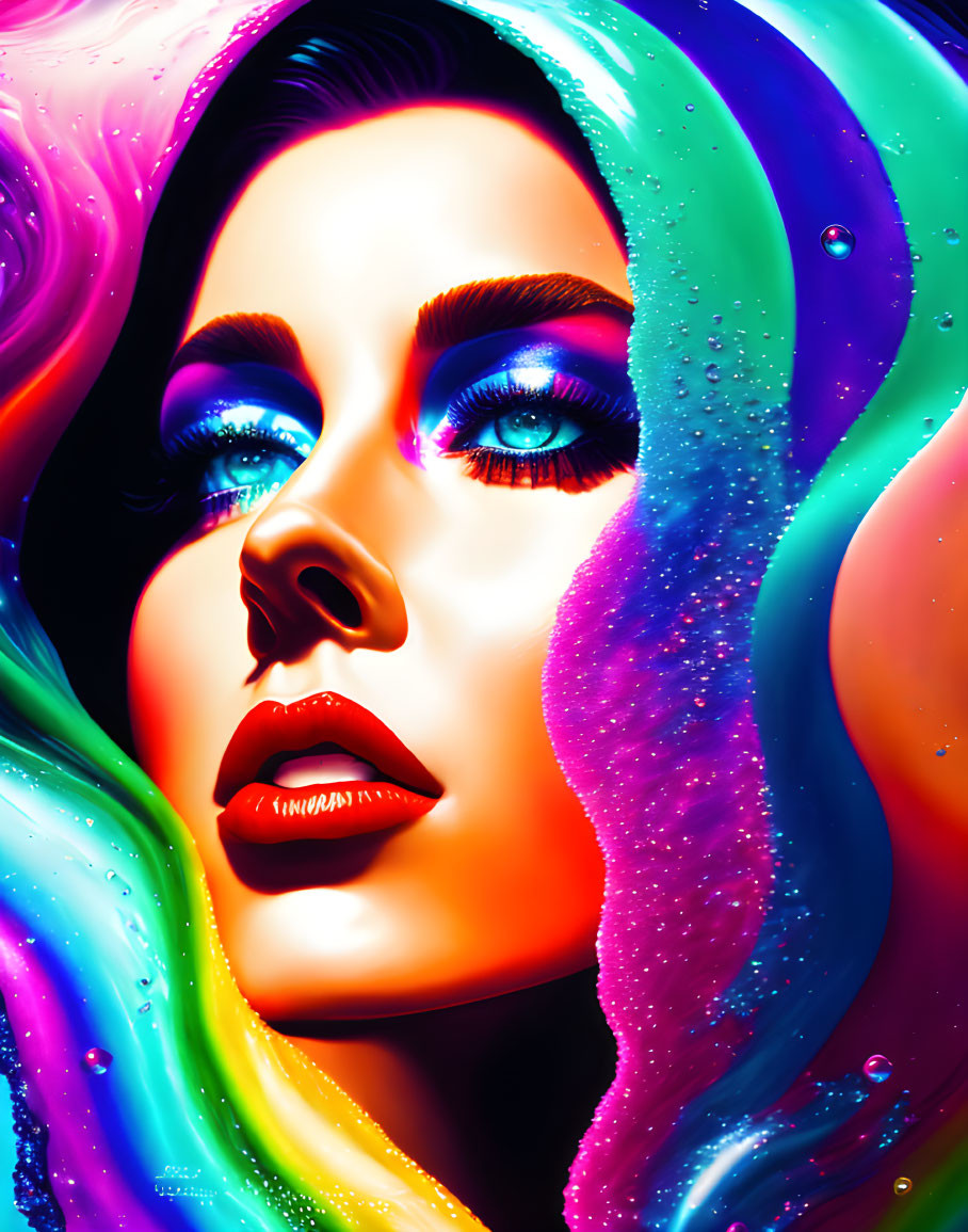 Colorful digital portrait of a woman with striking blue eyes and bold makeup