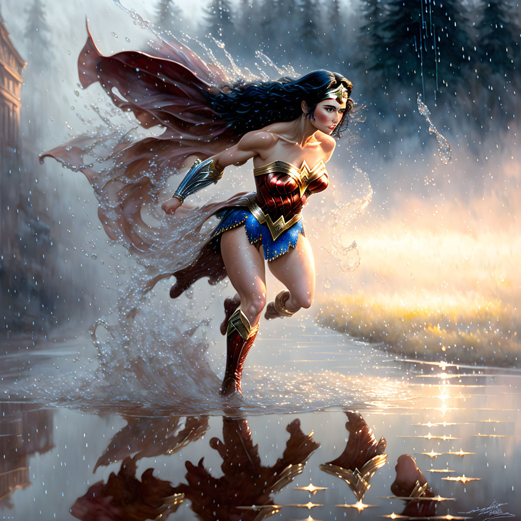 Superheroine running through water with flowing cape and lasso against sunlit backdrop