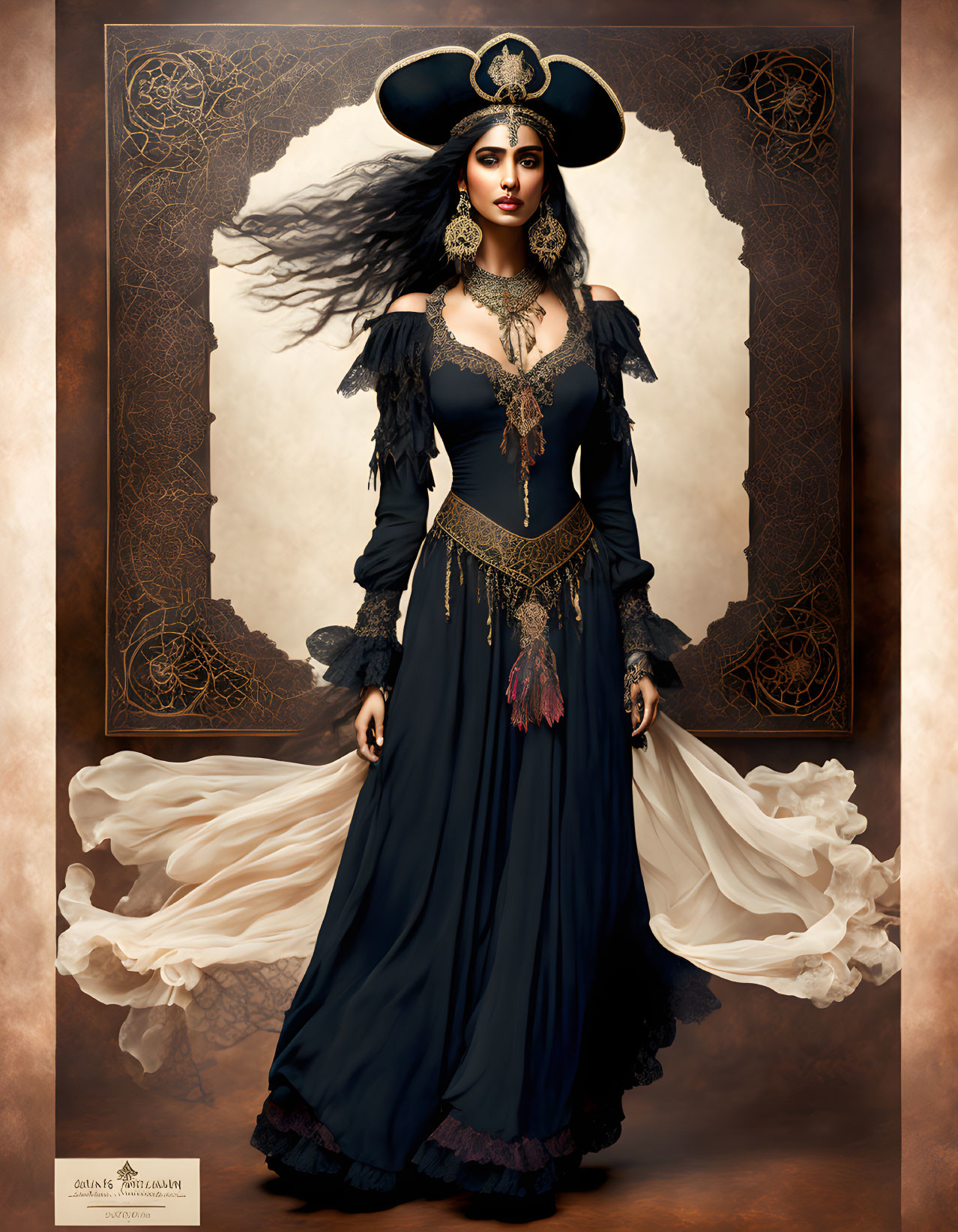 Elegant woman in dark pirate-inspired outfit with ornate hat and gold jewelry