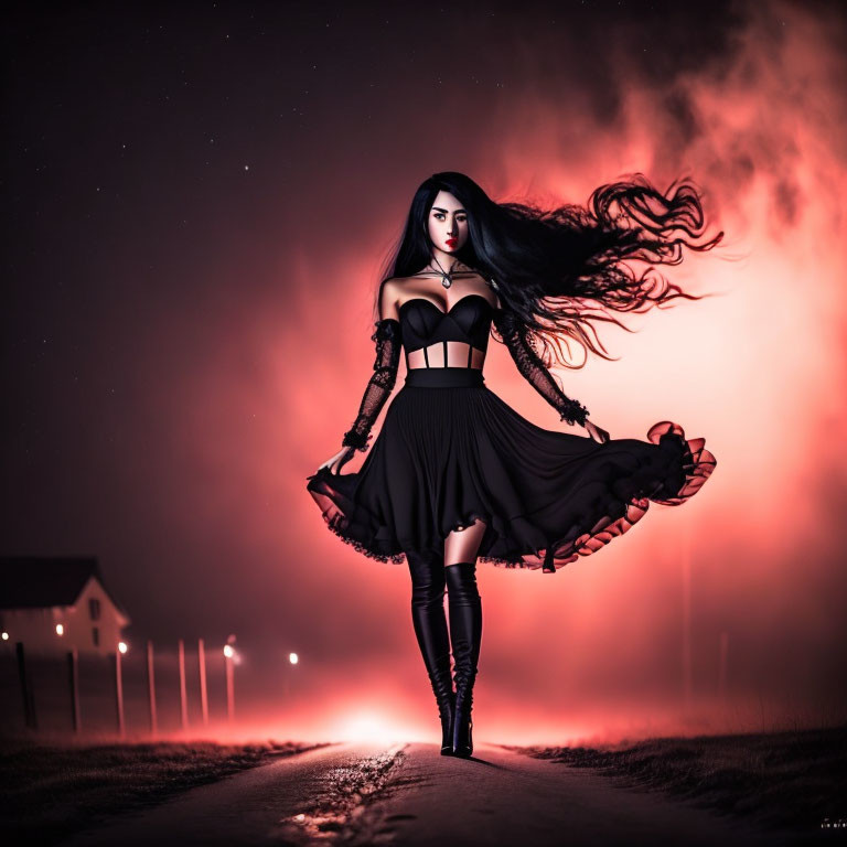 Levitating woman in black dress and boots on night road with flowing hair and misty backdrop