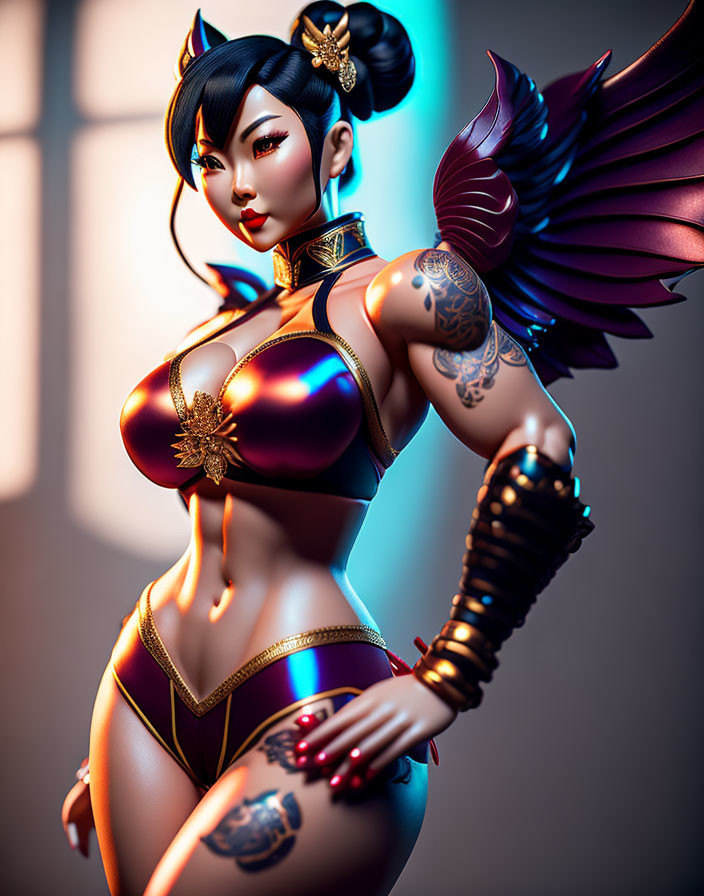 Stylized 3D illustration of female character with ornate hairstyle, tattoos, wing-like arm