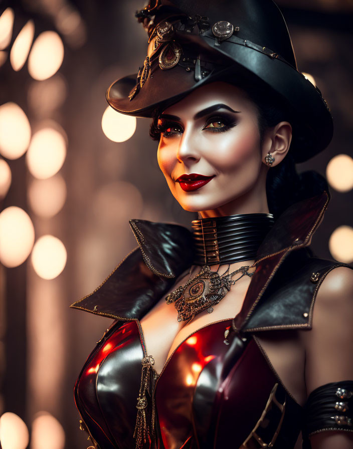 Steampunk woman in top hat, corset, and goggles with blurred lights.