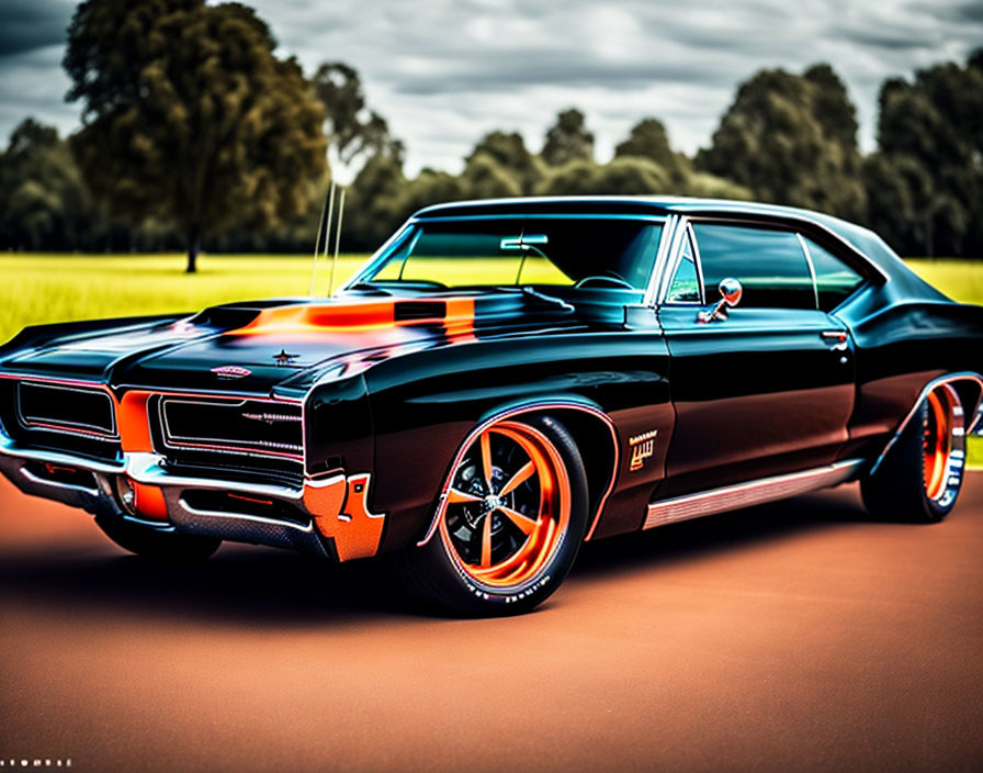 Black muscle car with orange stripes and matching rims in field with trees