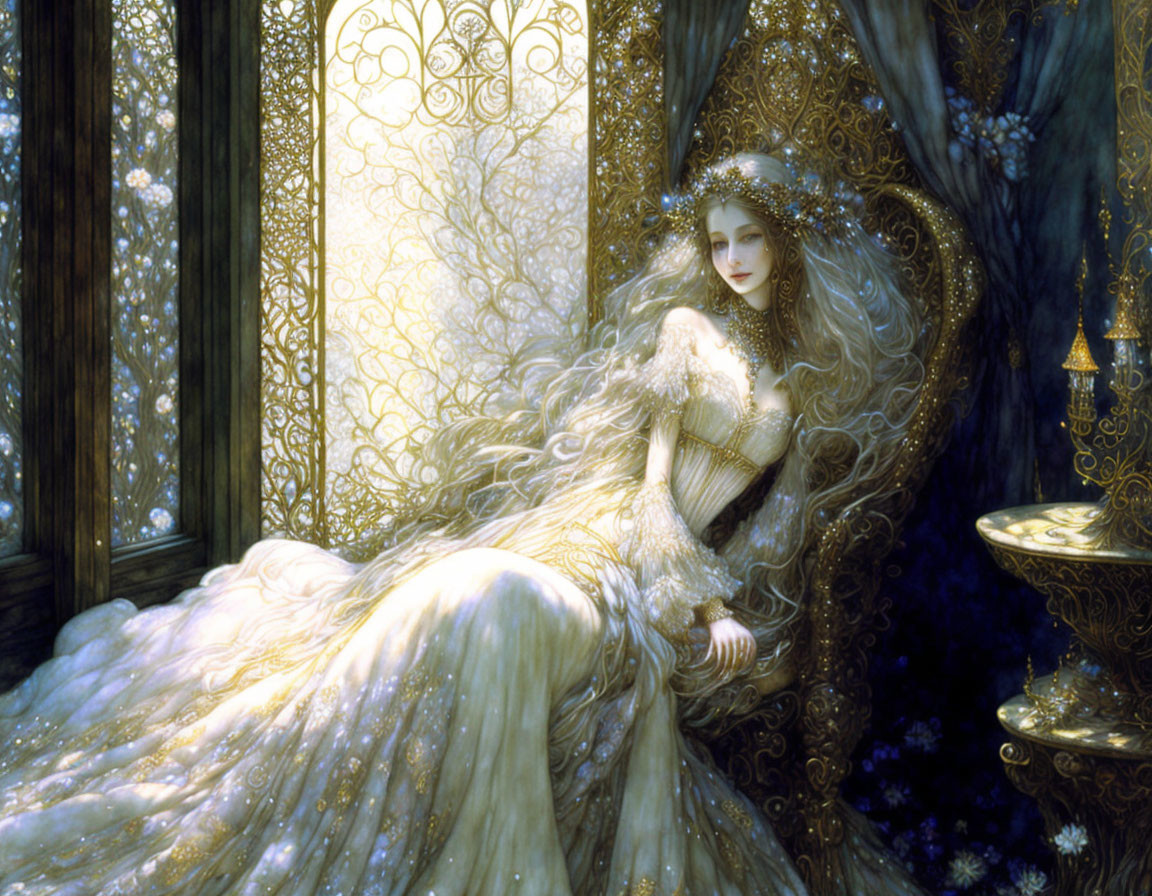 Regal woman in ornate gown by golden window in opulent setting