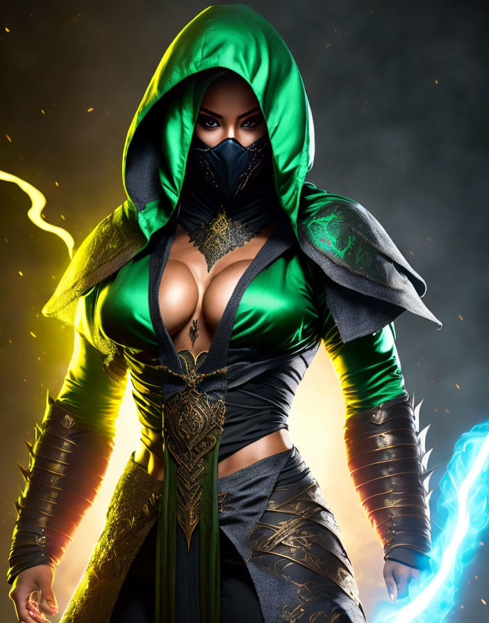 Fantasy artwork of female character in green hood and lightning against fiery backdrop