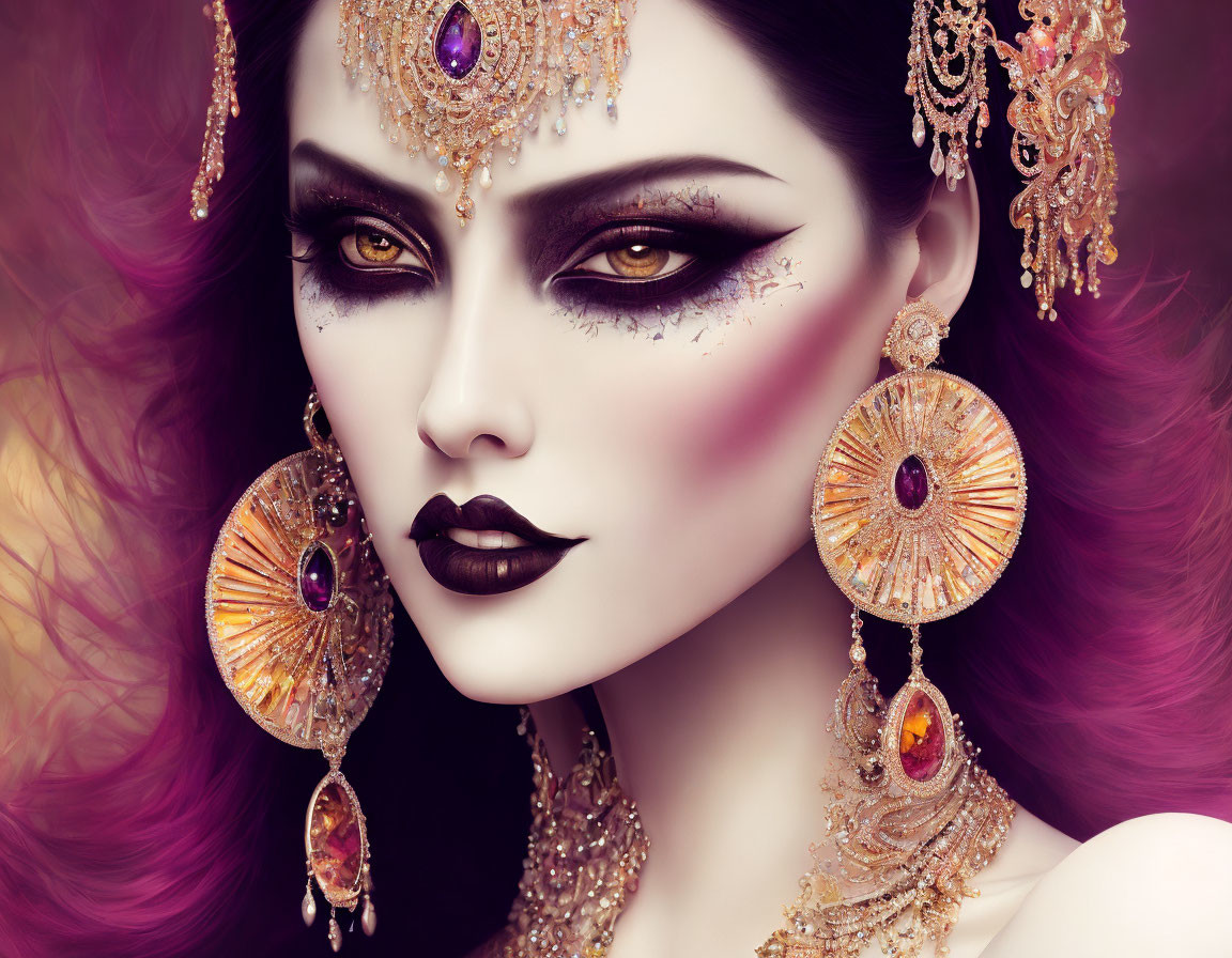 Stylized portrait of woman with dramatic makeup and purple hair