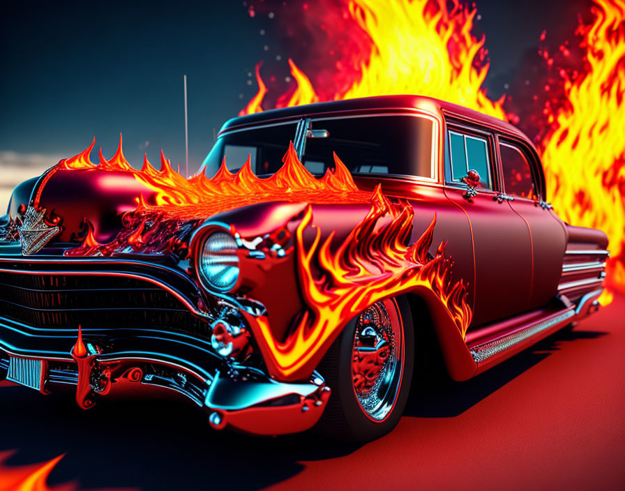 Vintage Car with Flame Design on Vibrant Background