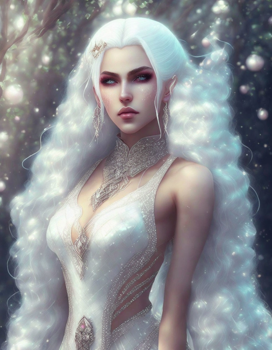 Fantasy-inspired portrait of a woman with long white hair and silver jewelry