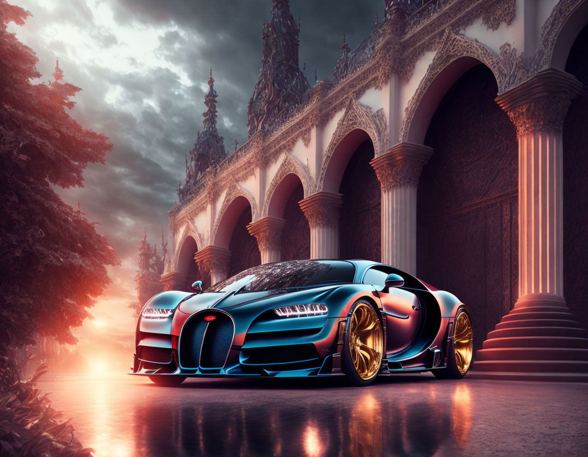 Luxurious blue Bugatti with gold rims parked in front of ornate gothic building at sunset