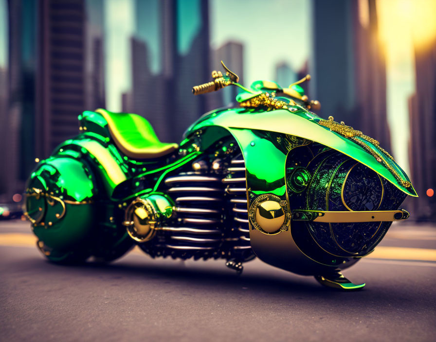 Futuristic green and gold motorcycle on city street at dusk