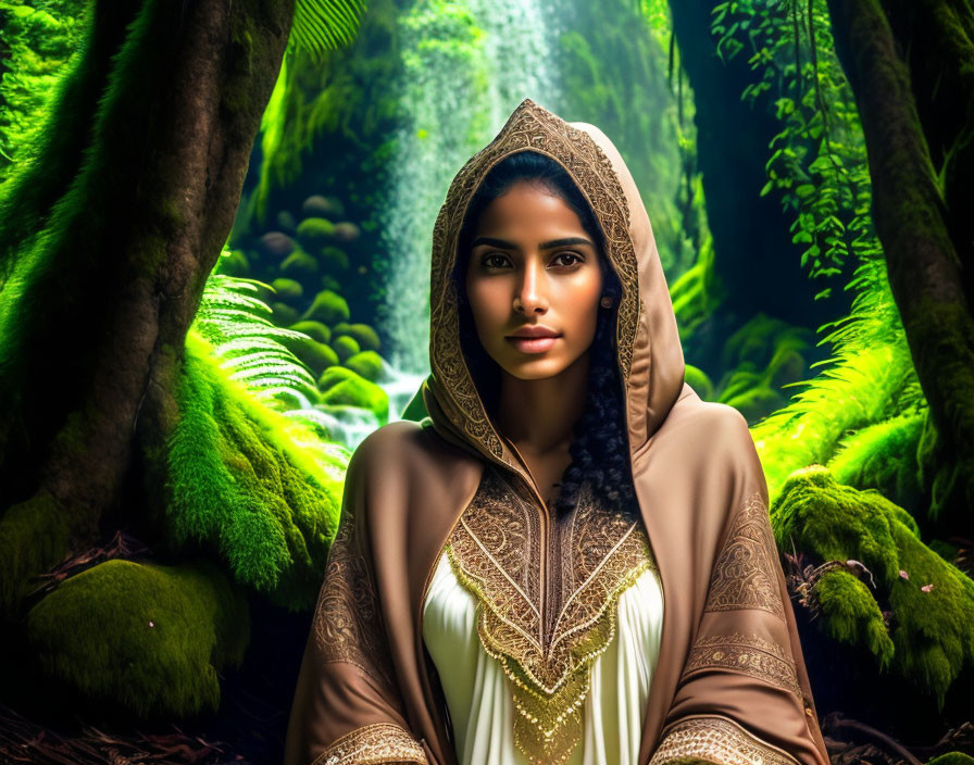 Mystical forest scene: Woman in hooded robe by lush waterfall