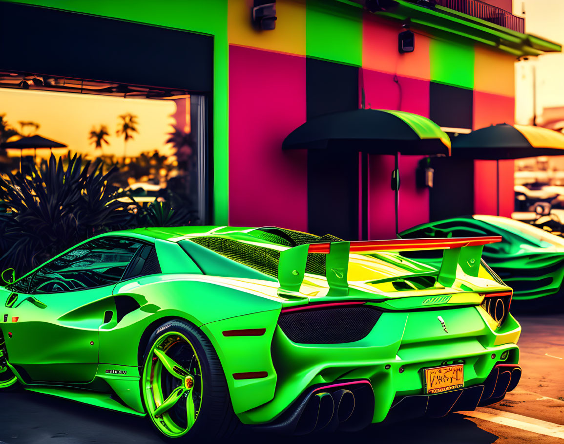 Vibrant Green Sports Car Parked in Front of Colorful Building at Sunset