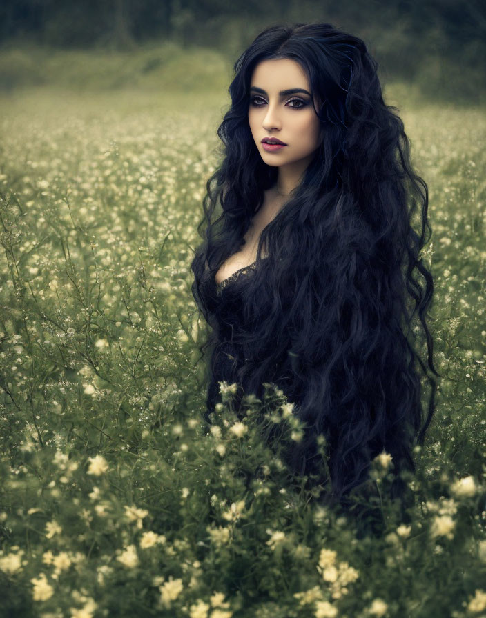 Long, Curly Black Hair Woman in Striking Makeup Stands in Flower Field