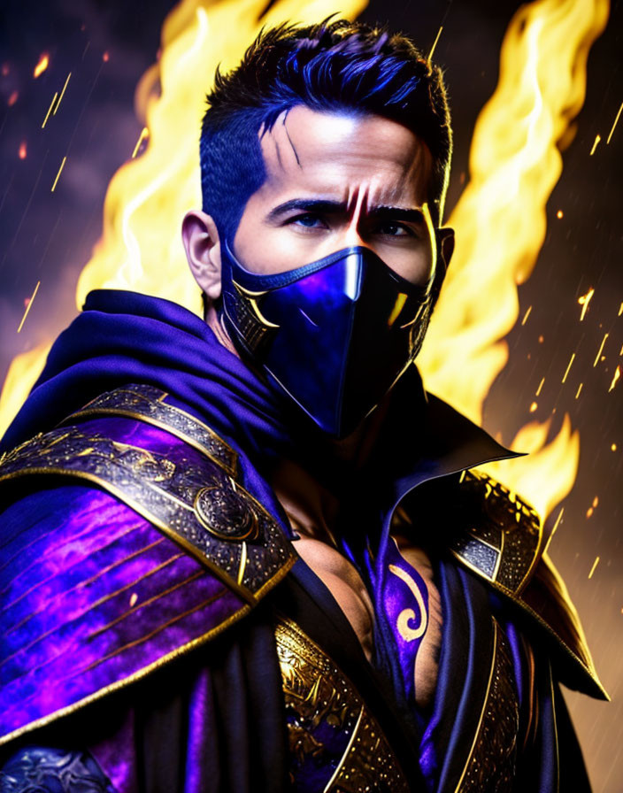 Stylized ninja in blue mask and purple-gold armor in fiery setting