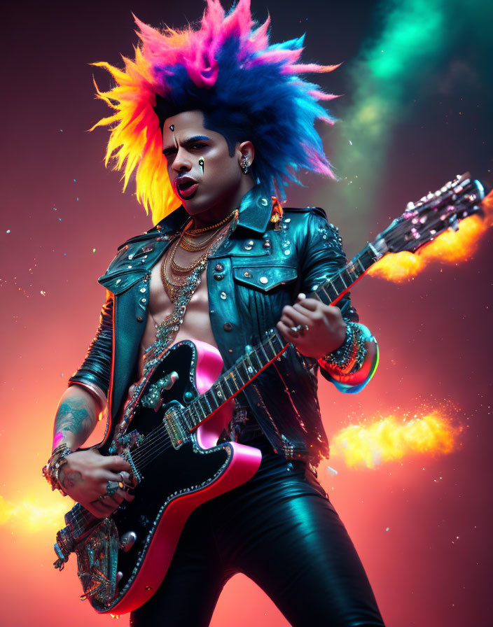 Colorful Mohawk Punk Rocker Playing Electric Guitar in Leather Jacket