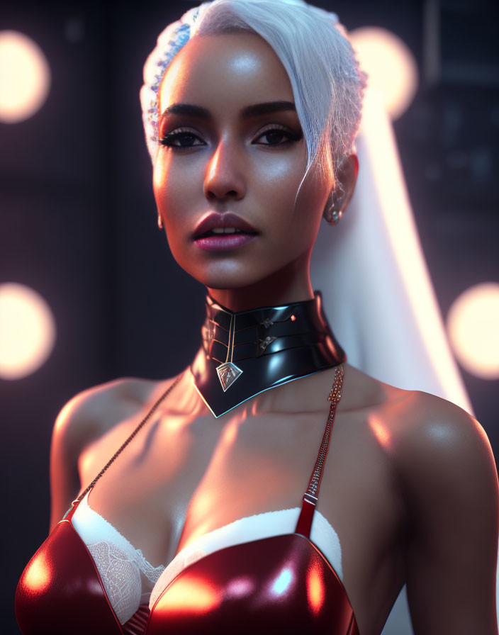 Platinum blonde woman in red and white top with choker necklace