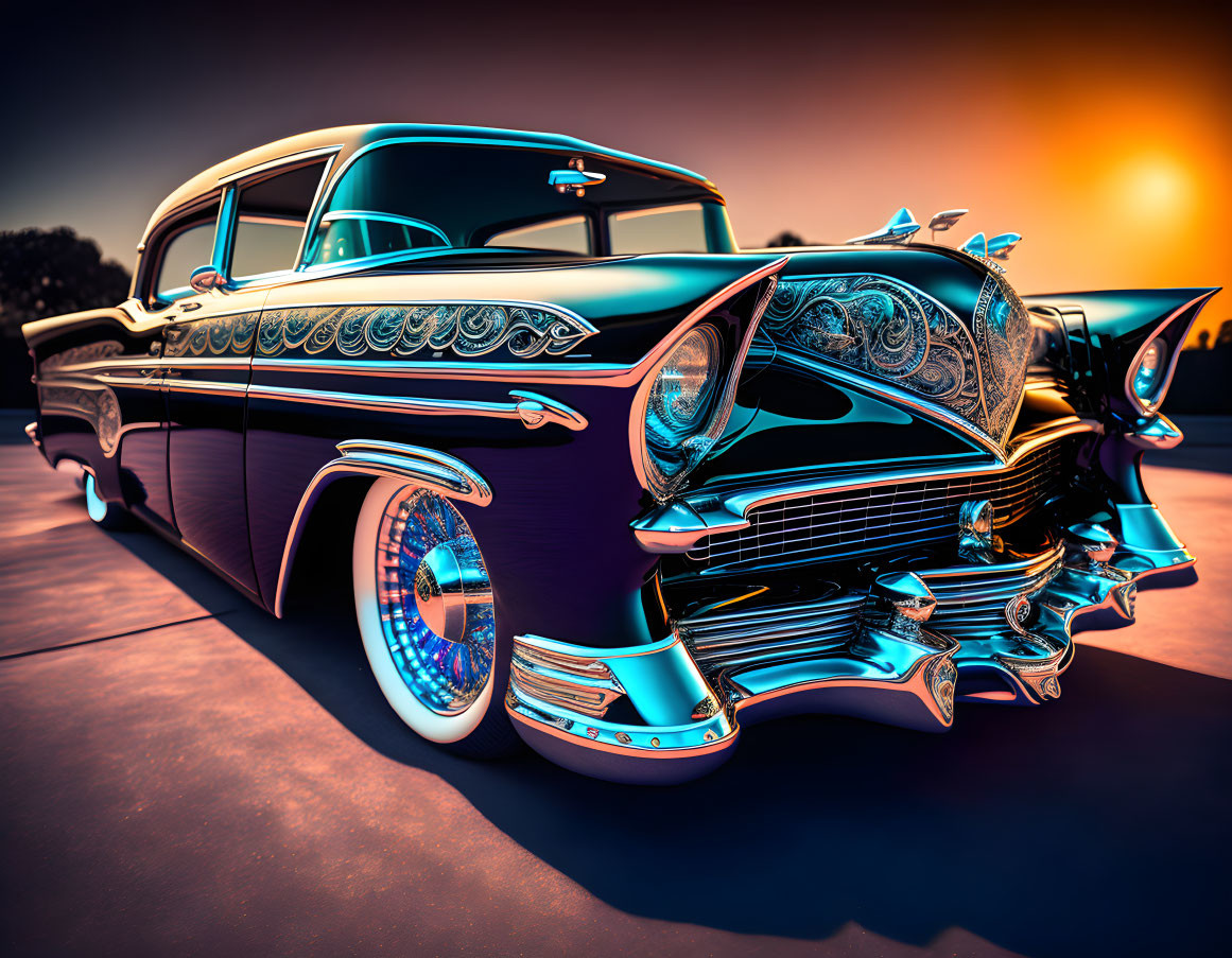 Customized Vintage Car with Teal and Purple Paint and White-Wall Tires at Sunset