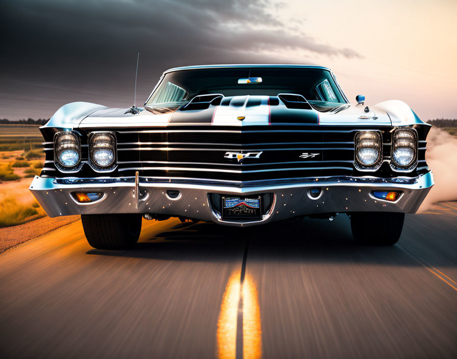 Classic Chevrolet SS Muscle Car with Racing Stripes Driving at Sunset