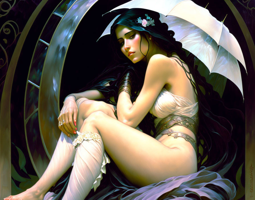 Pensive fantasy female character with dark hair holding a white parasol near spiraling stairs