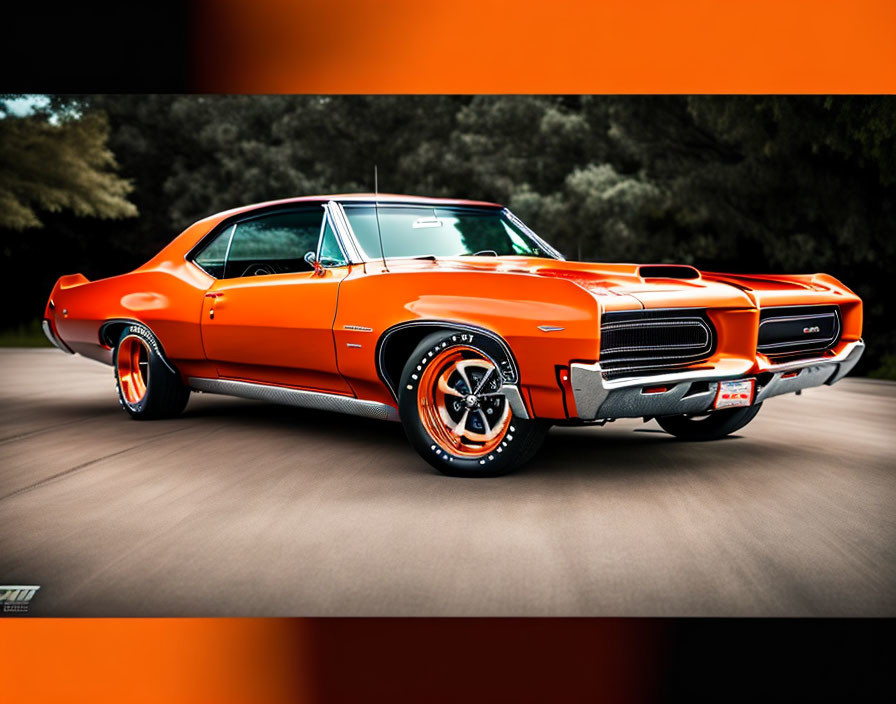 Vintage Orange Muscle Car with Black Stripes & Chrome Wheels