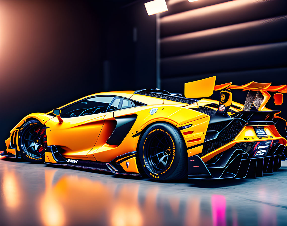 Race car with vibrant orange and black design in dimly lit garage