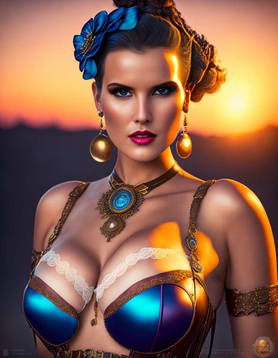 Woman with elegant makeup and blue headpiece in gold jewelry against sunset backdrop