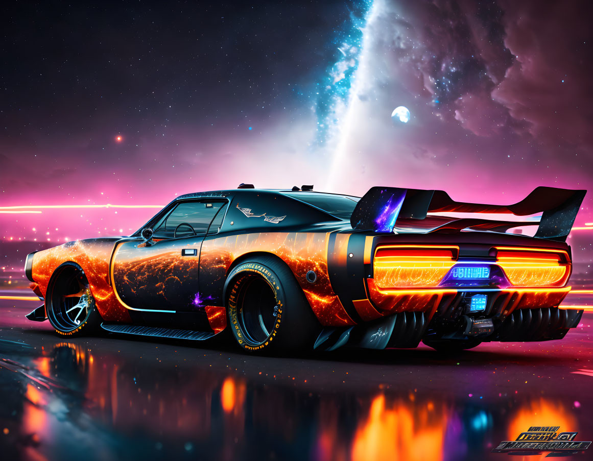 Customized classic muscle car with fiery nebula design under cosmic sky