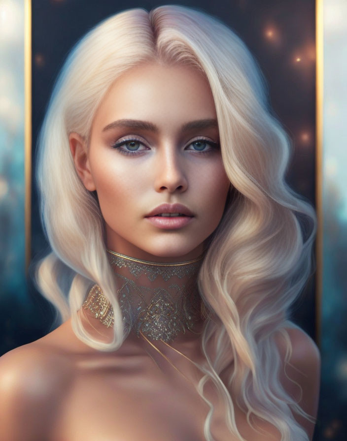 Portrait of Woman with Platinum Blonde Hair and Blue Eyes