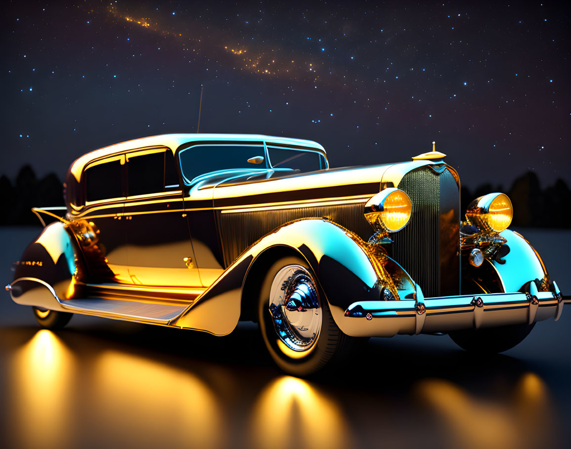 Classic Car with Gleaming Chrome Details Under Starry Night Sky