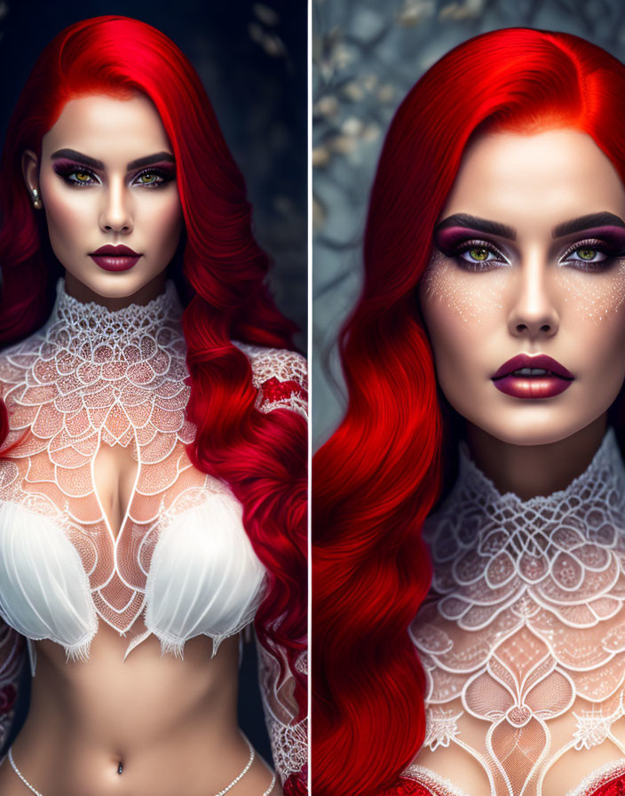 Digital Artwork: Woman with Red Hair, Green Eyes, Bold Makeup, White Lace Collar