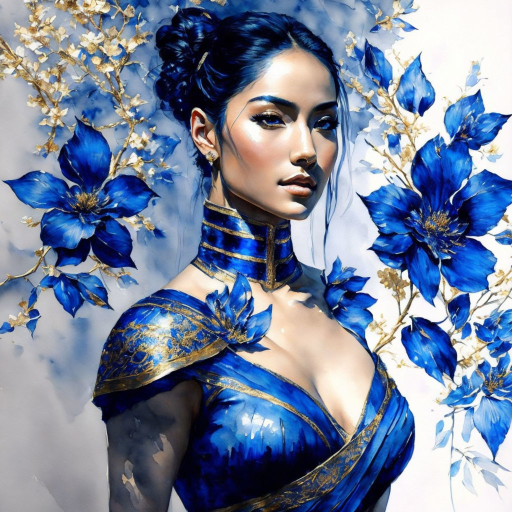 Blue-themed portrait of a woman with flowers, regal and serene.