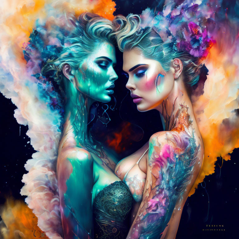 Two women with vibrant cosmic body paint entwined in mirrored pose against swirling backdrop