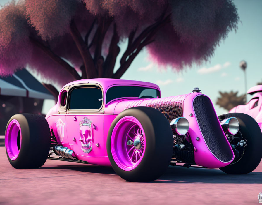 Pink Hot Rod with Skull Motif, Large Tires, and Exposed Engine Under Pink Trees