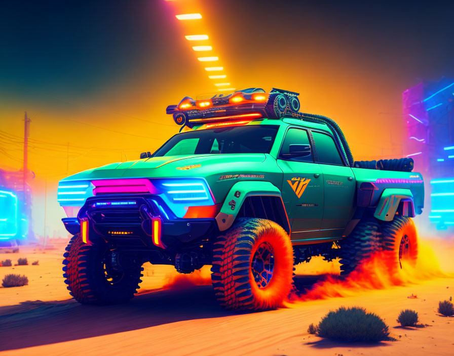 Futuristic neon-lit pickup truck with glowing wheels speeds in desert dusk