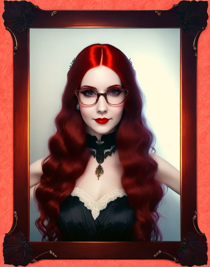 Stylized portrait of woman with red hair and glasses in black outfit